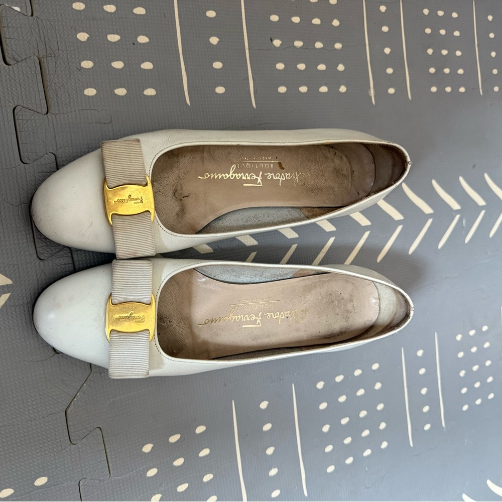Salvatore Ferragamo Gray Flats with Gold Buckle